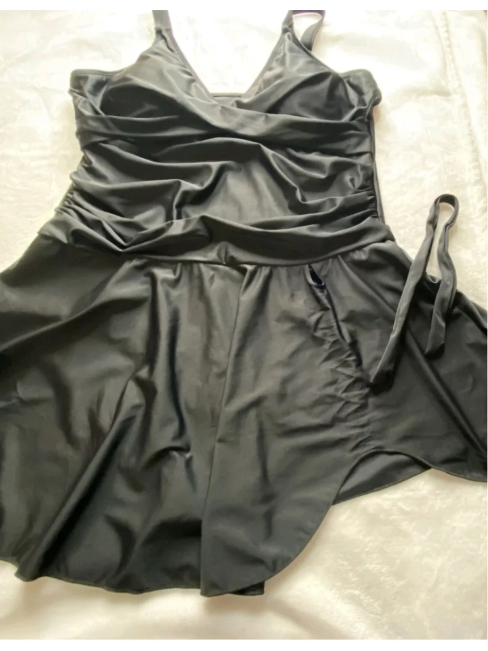 Kate Kasin XL Swim Dress Black V Neck Ruched One Piece Swimsuit NWT